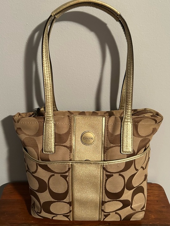 Handbags - Coach Signature Stripe Bag in Brown/Gold